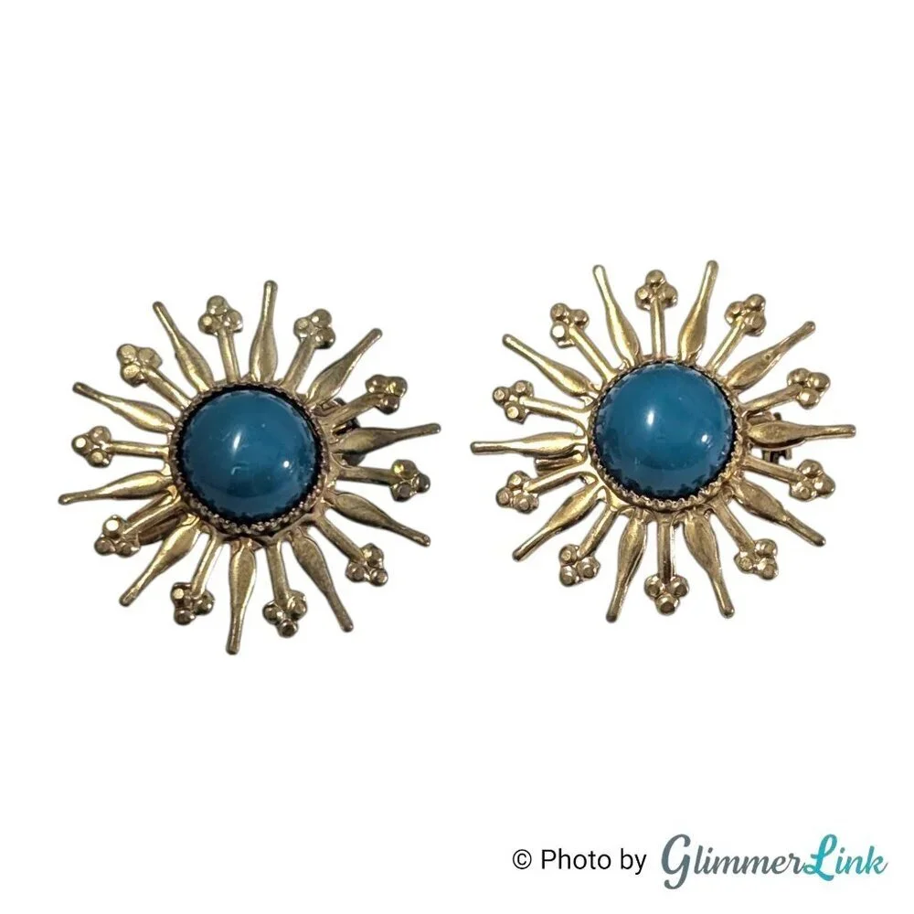 Vintage Starburst Scatter Brooch Set Gold Tone with Blue Cabochons Set of 2